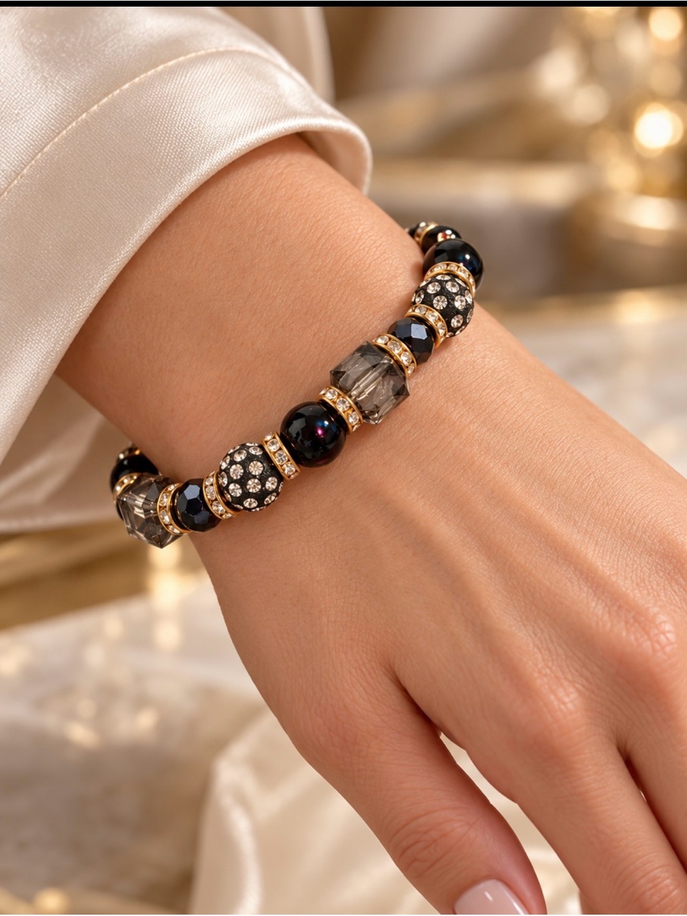 Black & Gold-Tone Rhinestone Beaded Stretch Bracelet
